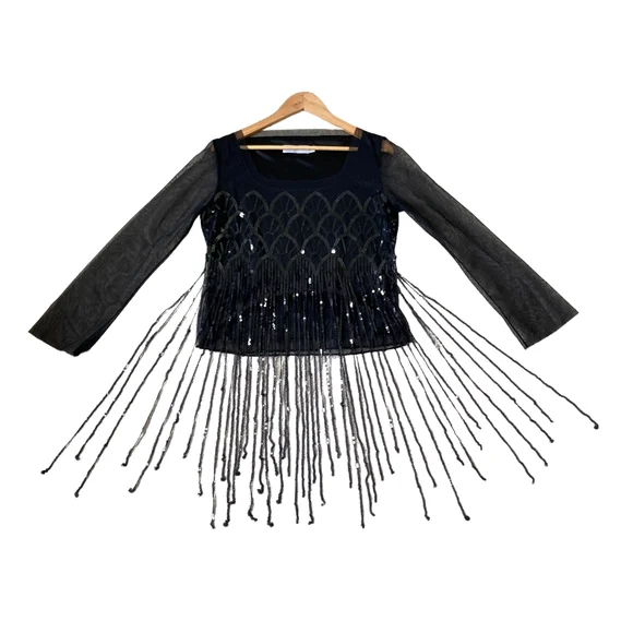 Pre-loved designer Luis Civit Women's Black Sequins Mesh Blouse UK Size 16 - Picture 3 of 17